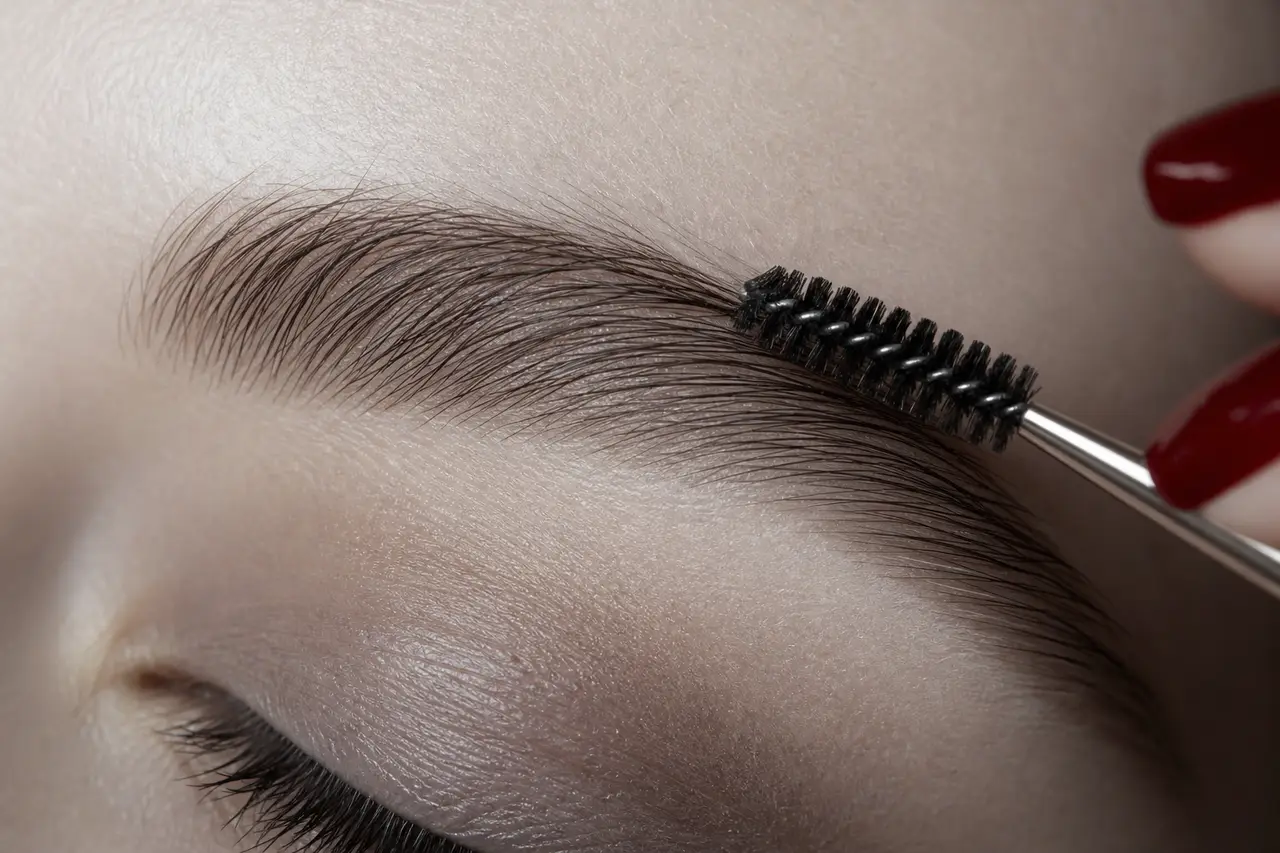 Cils et sourcils : détail matière du soin (produit, texture, geste), gros plan