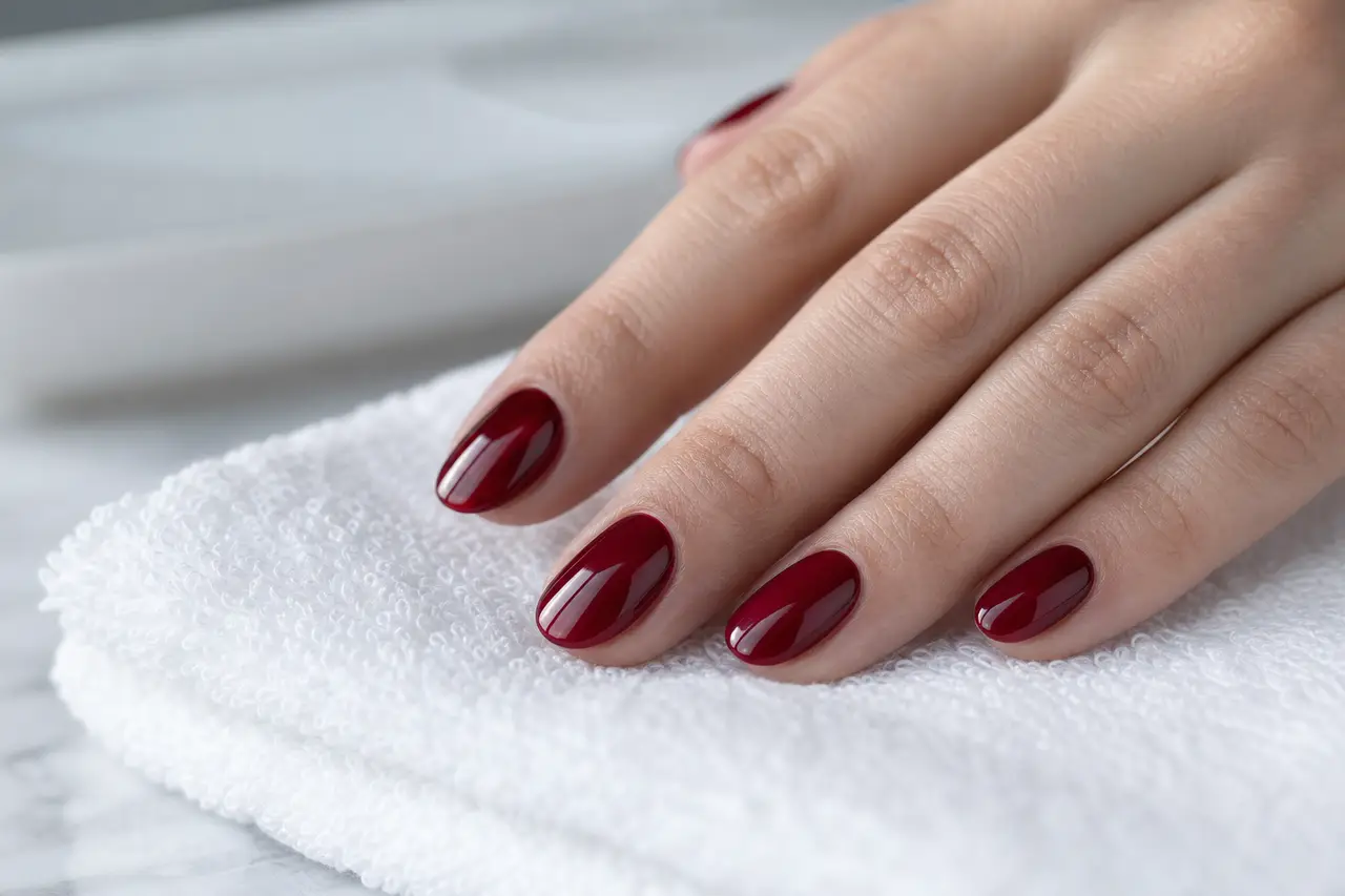 Gros plan matière : main aux ongles fraîchement laqués grenat posée sur une serviette porcelaine, lumière douce latérale