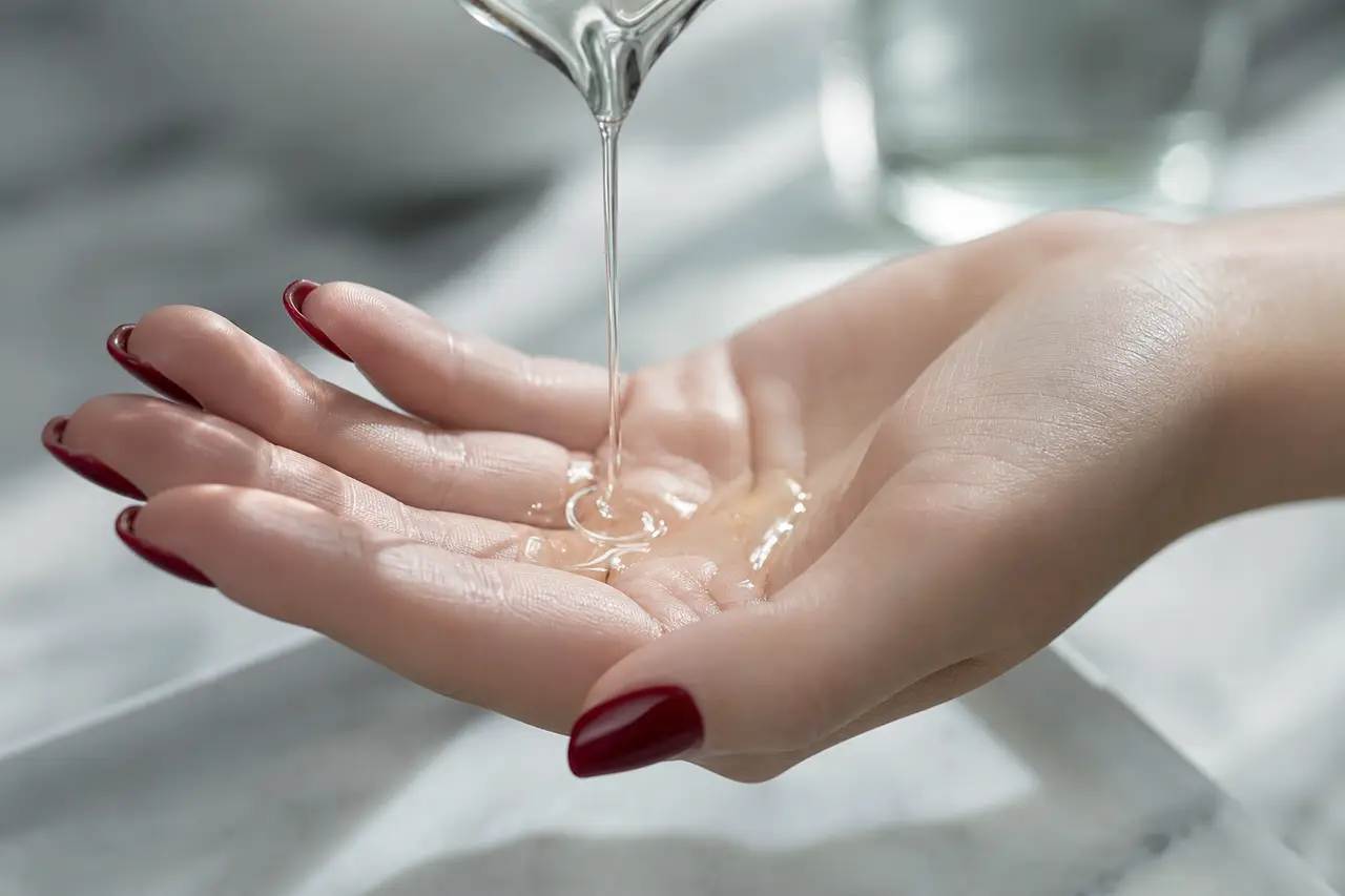 Massage et bien-être : détail matière du soin (produit, texture, geste), gros plan