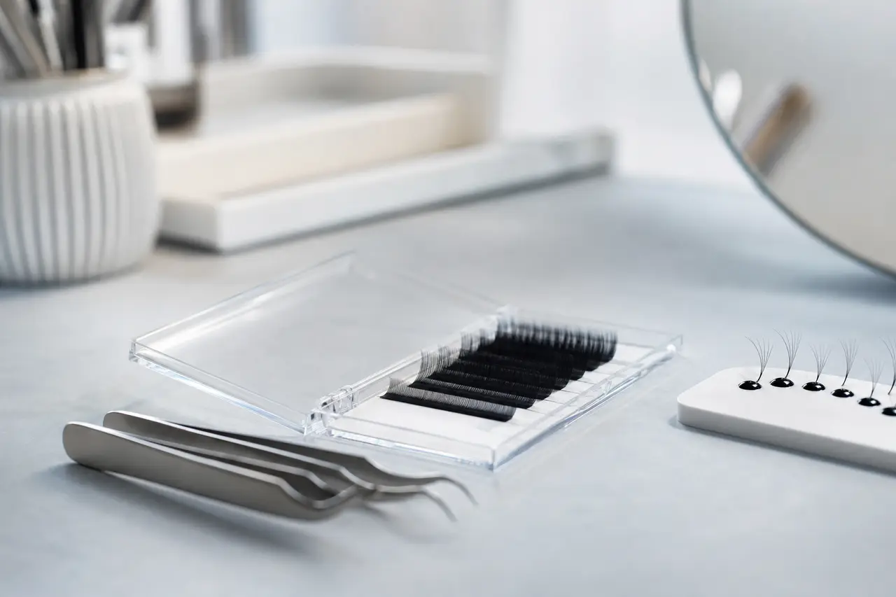 Hero Cils et sourcils : Pose d'extensions de cils, pince fine, oeil fermé, cadrage large cabine