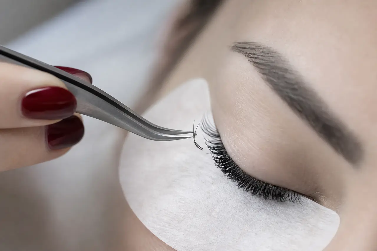 Pose d'extensions de cils, pince fine, oeil fermé