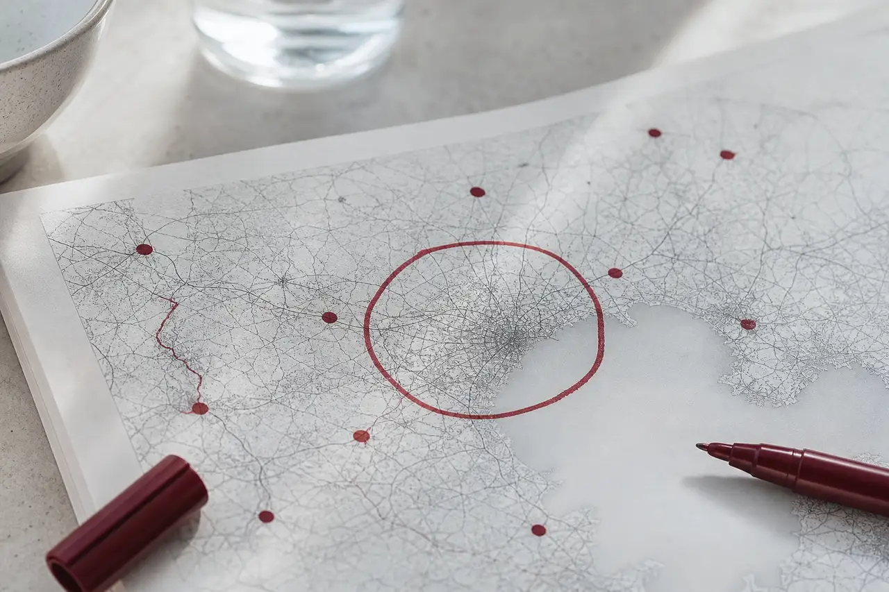 Carte papier de l'aire lyonnaise annotée au feutre grenat : un cercle de couverture dessiné à main levée autour de Lyon, points sur la couronne, aucun nom lisible